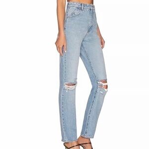 Rollas High Rise Slim Straight Dusters Denim Jeans Light Wash Distressed, 26